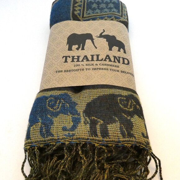 Silk Cashmere Scarf Long Blue Brown Thailand Gold Emboss Elephant Lucky Romantic - Picture 4 of 8
